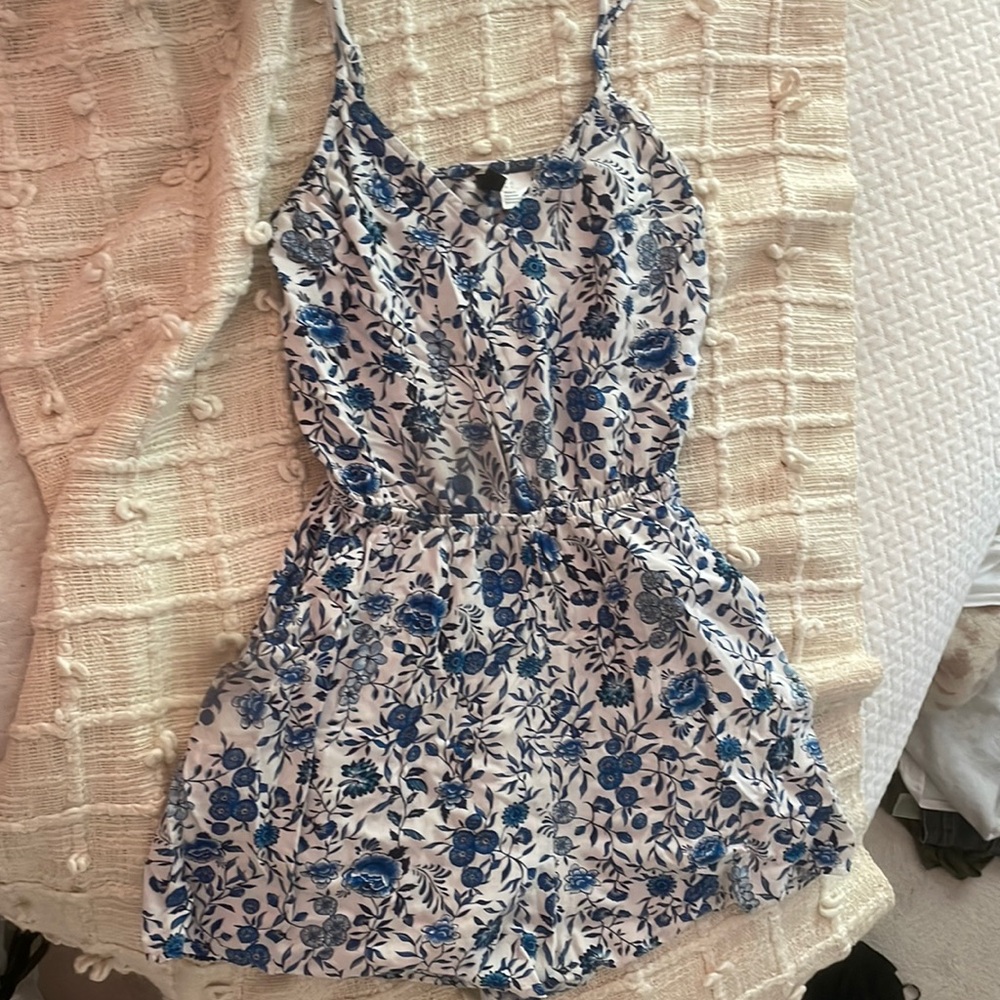 Blue/White Floral Print Romper, Coastal Vibe